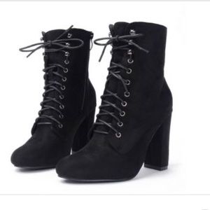 Black Sued Lace Up Heel Boots